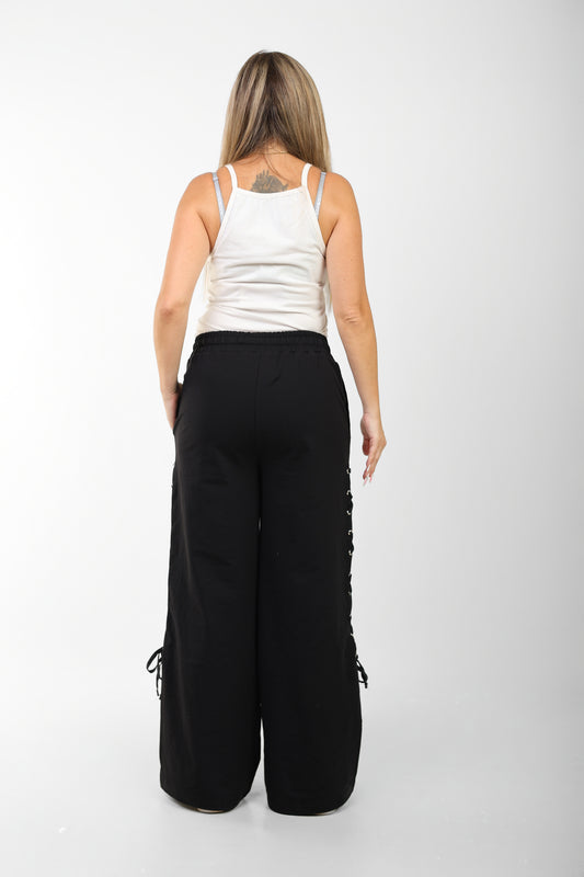 Black Side-Lace Wide-Leg Joggers – Edge Edition
