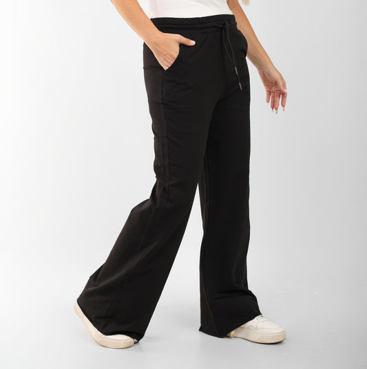Women's Black Wide-Leg Lounge Pants with Drawstring Waist – Casual Comfort Fit
