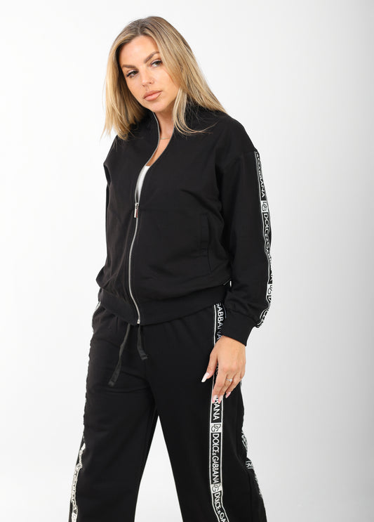 Dolce & Gabbana Women’s Black Logo Trim Tracksuit – Stylish Bomber Jacket & Wide-Leg Pants Set