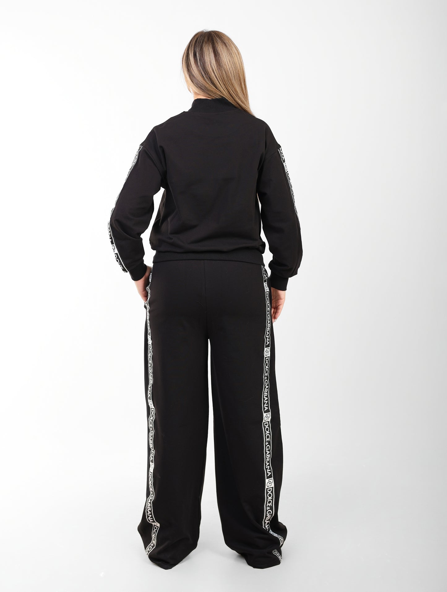Dolce & Gabbana Women’s Black Logo Trim Tracksuit – Stylish Bomber Jacket & Wide-Leg Pants Set