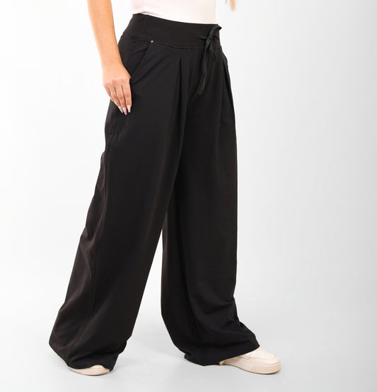 Black Luxe Ribbed-Waist Wide-Leg Pants – Flow Edition