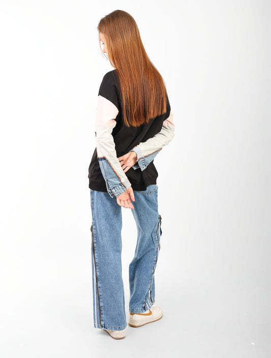 Women’s Casual Color Block T-Shirt with Denim Sleeves – Trendy Oversized Fit