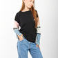 Women’s Casual Color Block T-Shirt with Denim Sleeves – Trendy Oversized Fit