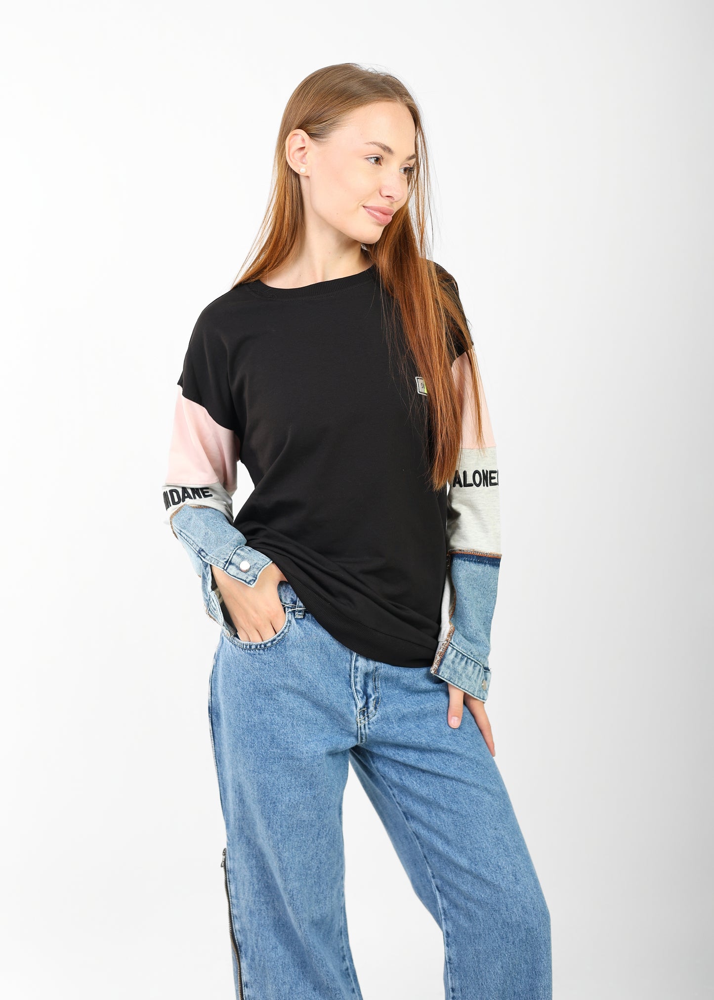 Women’s Casual Color Block T-Shirt with Denim Sleeves – Trendy Oversized Fit