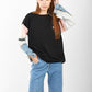 Women’s Casual Color Block T-Shirt with Denim Sleeves – Trendy Oversized Fit