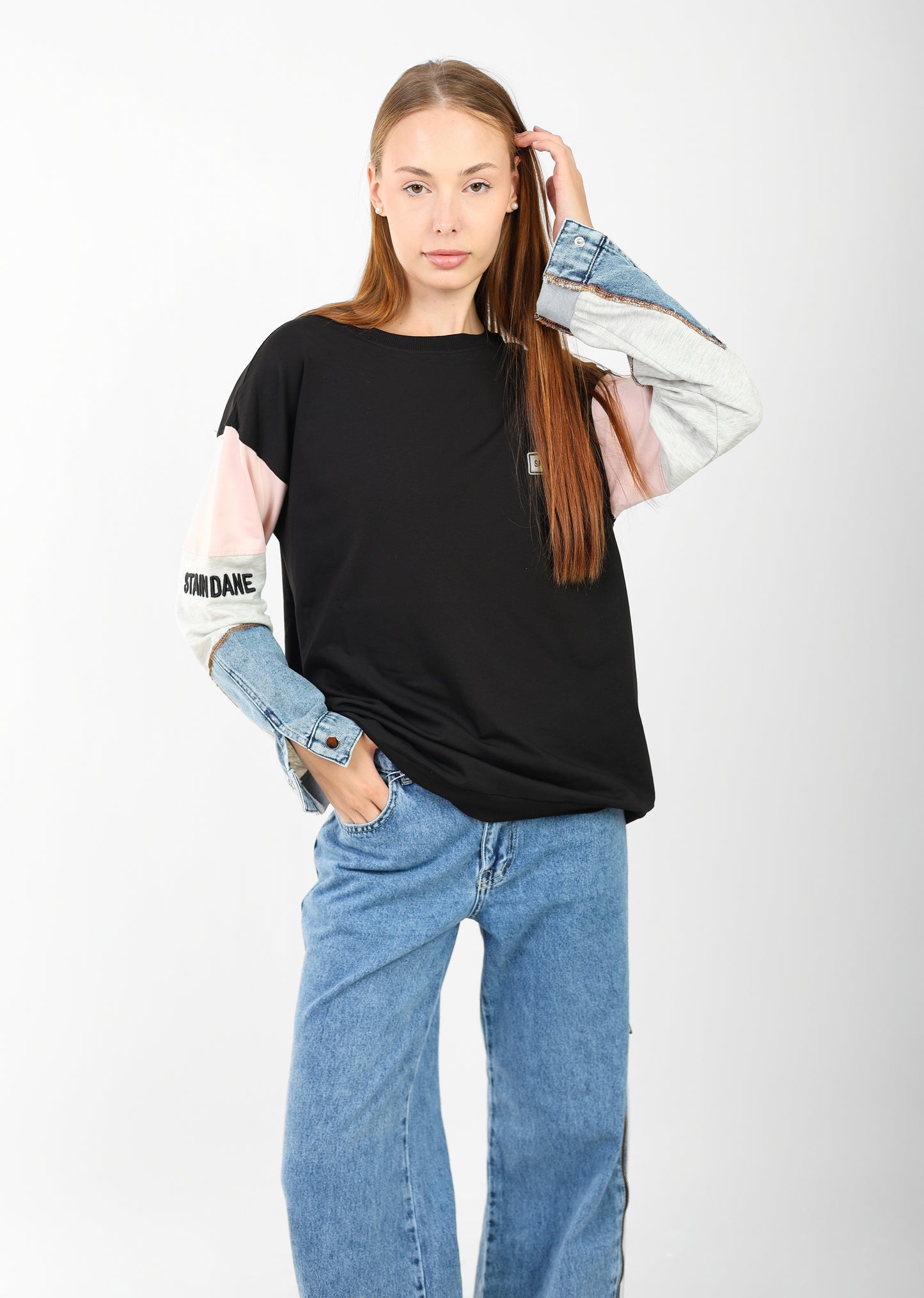 Women’s Casual Color Block T-Shirt with Denim Sleeves – Trendy Oversized Fit