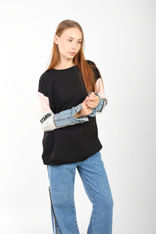 Women’s Casual Color Block T-Shirt with Denim Sleeves – Trendy Oversized Fit
