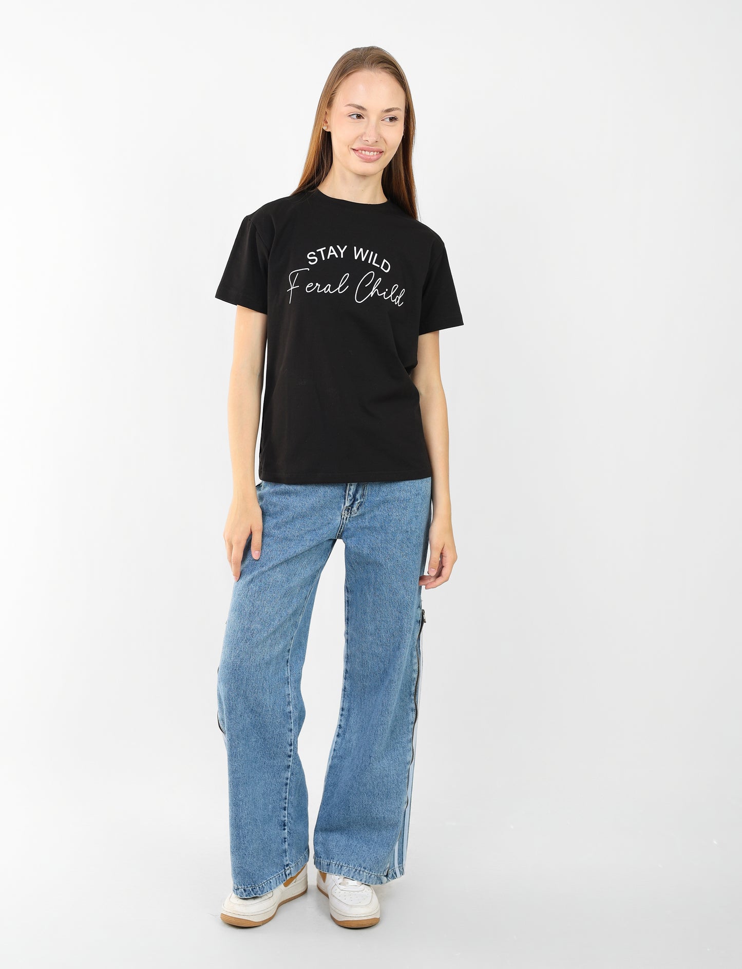 Women's Black Graphic T-Shirt - "Stay Wild Feral Child" | Casual Cotton Tee