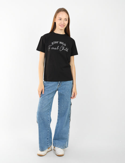 Women's Black Graphic T-Shirt - "Stay Wild Feral Child" | Casual Cotton Tee