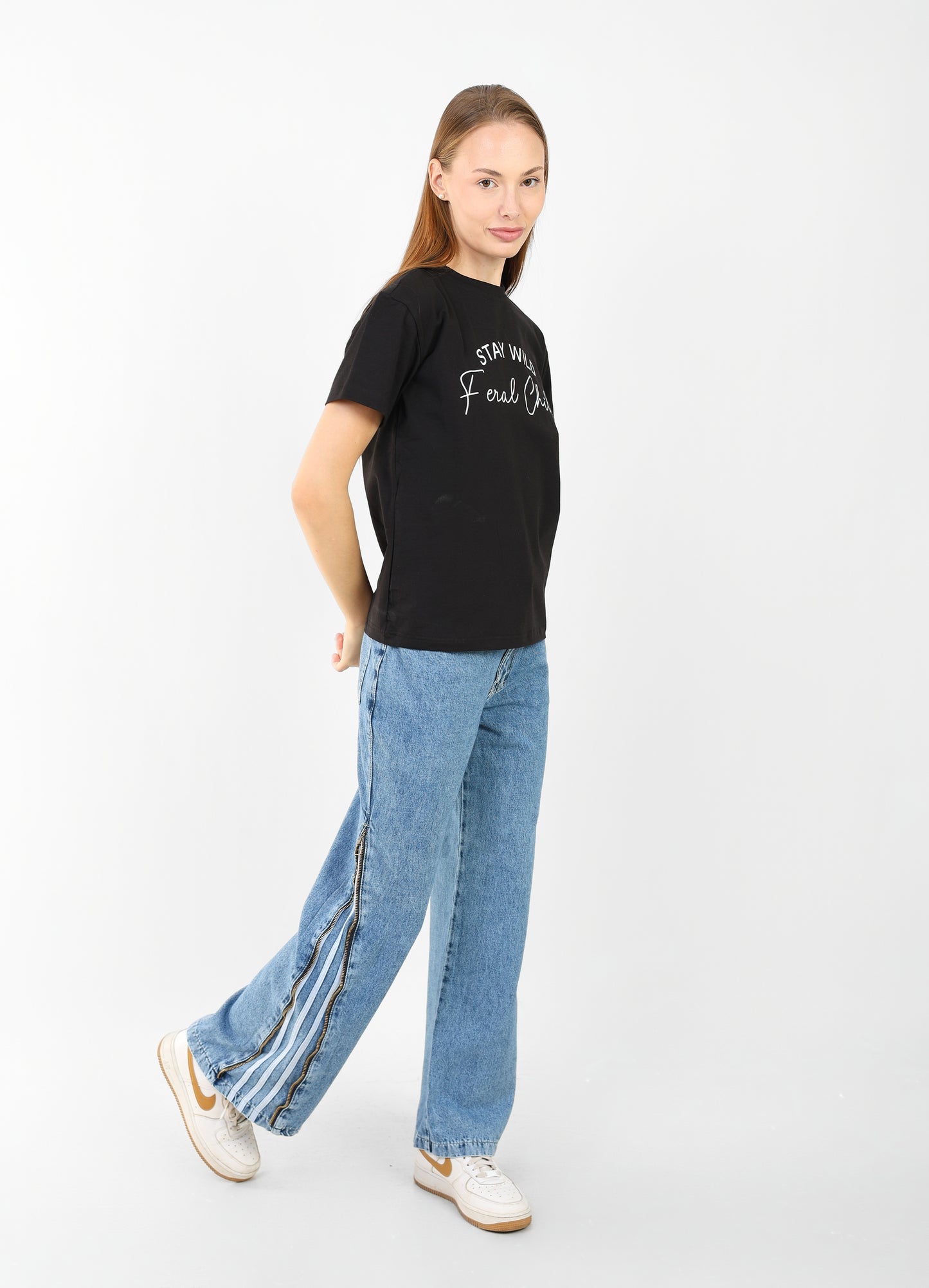 Women's Black Graphic T-Shirt - "Stay Wild Feral Child" | Casual Cotton Tee