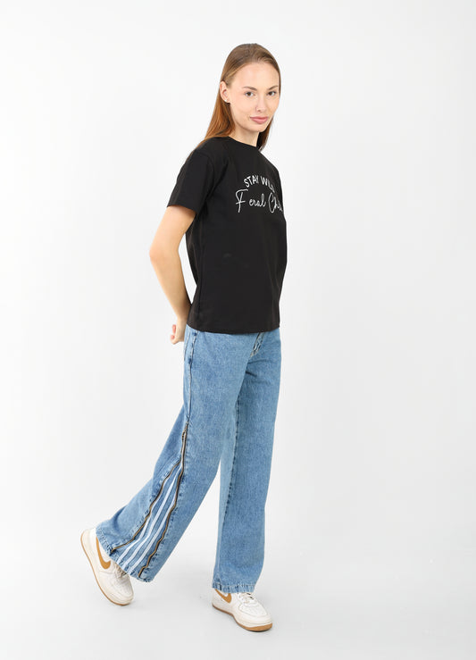 Women's Black Graphic T-Shirt - "Stay Wild Feral Child" | Casual Cotton Tee