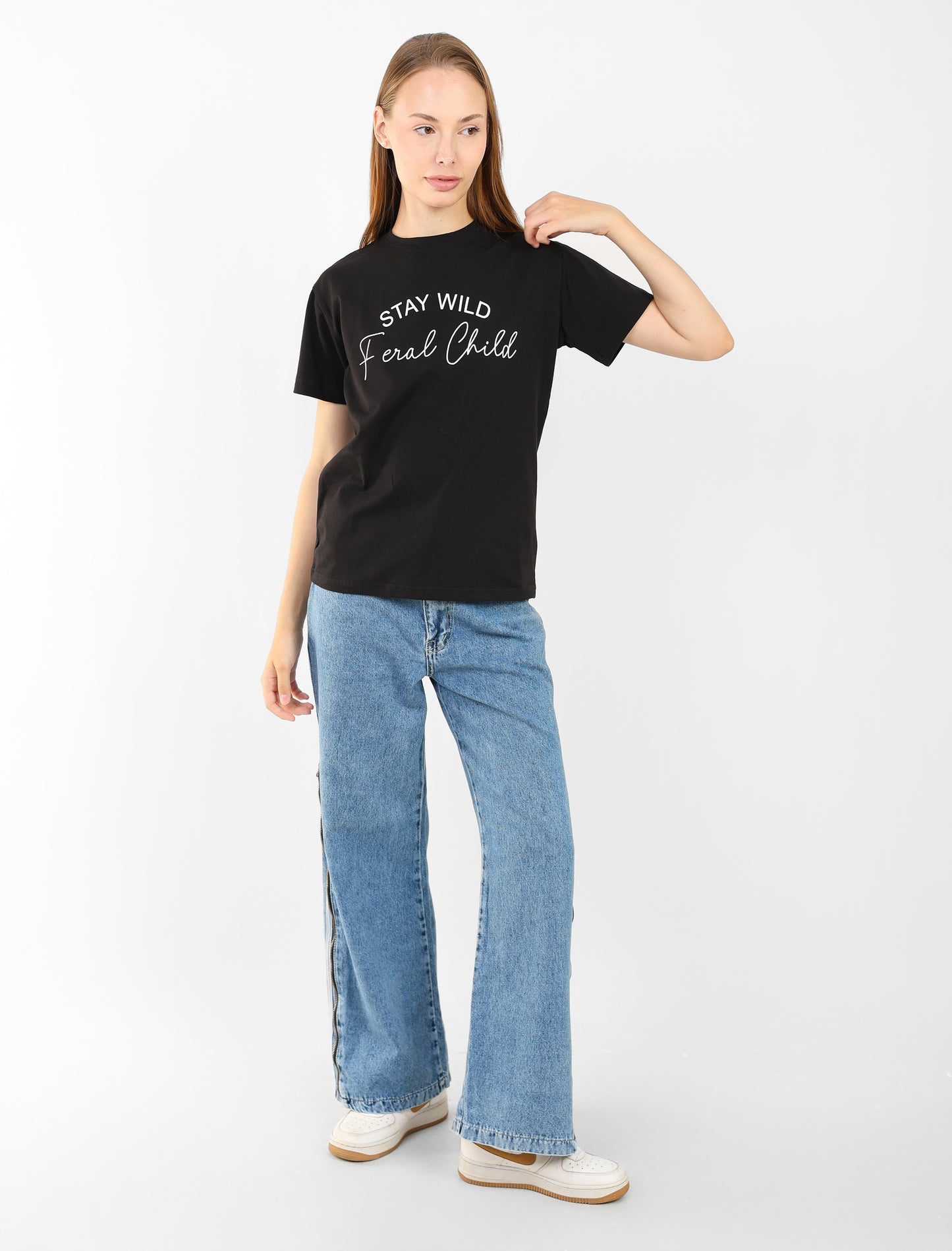 Women's Black Graphic T-Shirt - "Stay Wild Feral Child" | Casual Cotton Tee