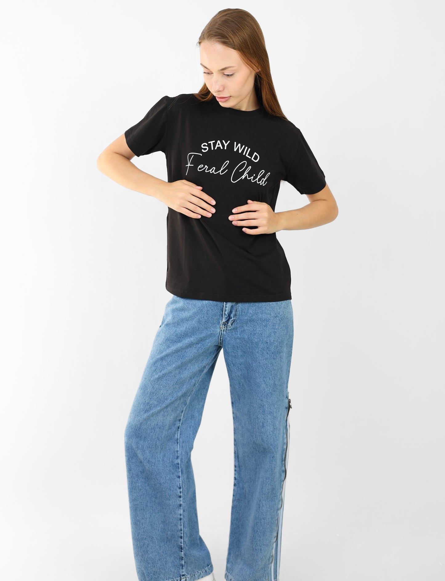 Women's Black Graphic T-Shirt - "Stay Wild Feral Child" | Casual Cotton Tee