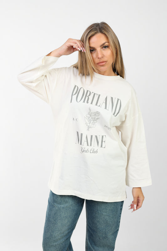 Oversized Graphic Sweatshirt - Portland Maine Girls Club | Casual Cream Pullover