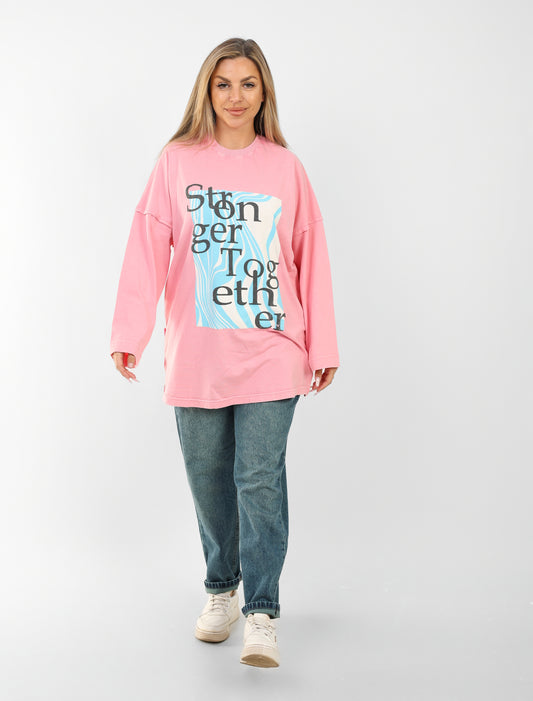 Oversized Pink Graphic Sweatshirt – “Stronger Together” Print, Casual Streetwear for Women