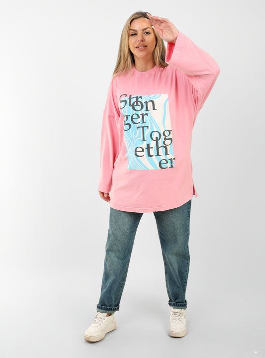 Oversized Pink Graphic Sweatshirt – “Stronger Together” Print, Casual Streetwear for Women