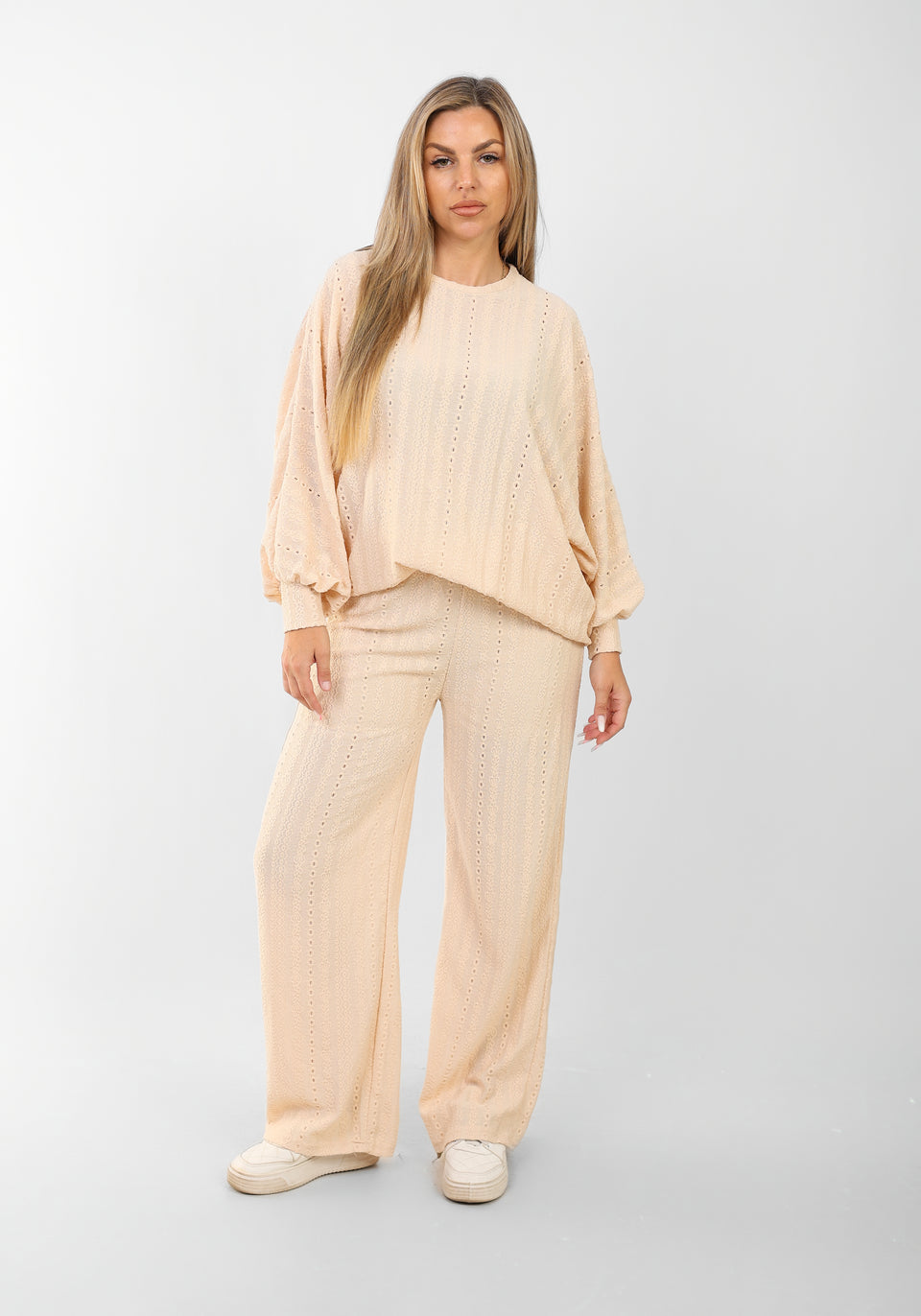 Women's Beige Two-Piece Loungewear Set – Loose Fit Top & Wide-Leg Pants