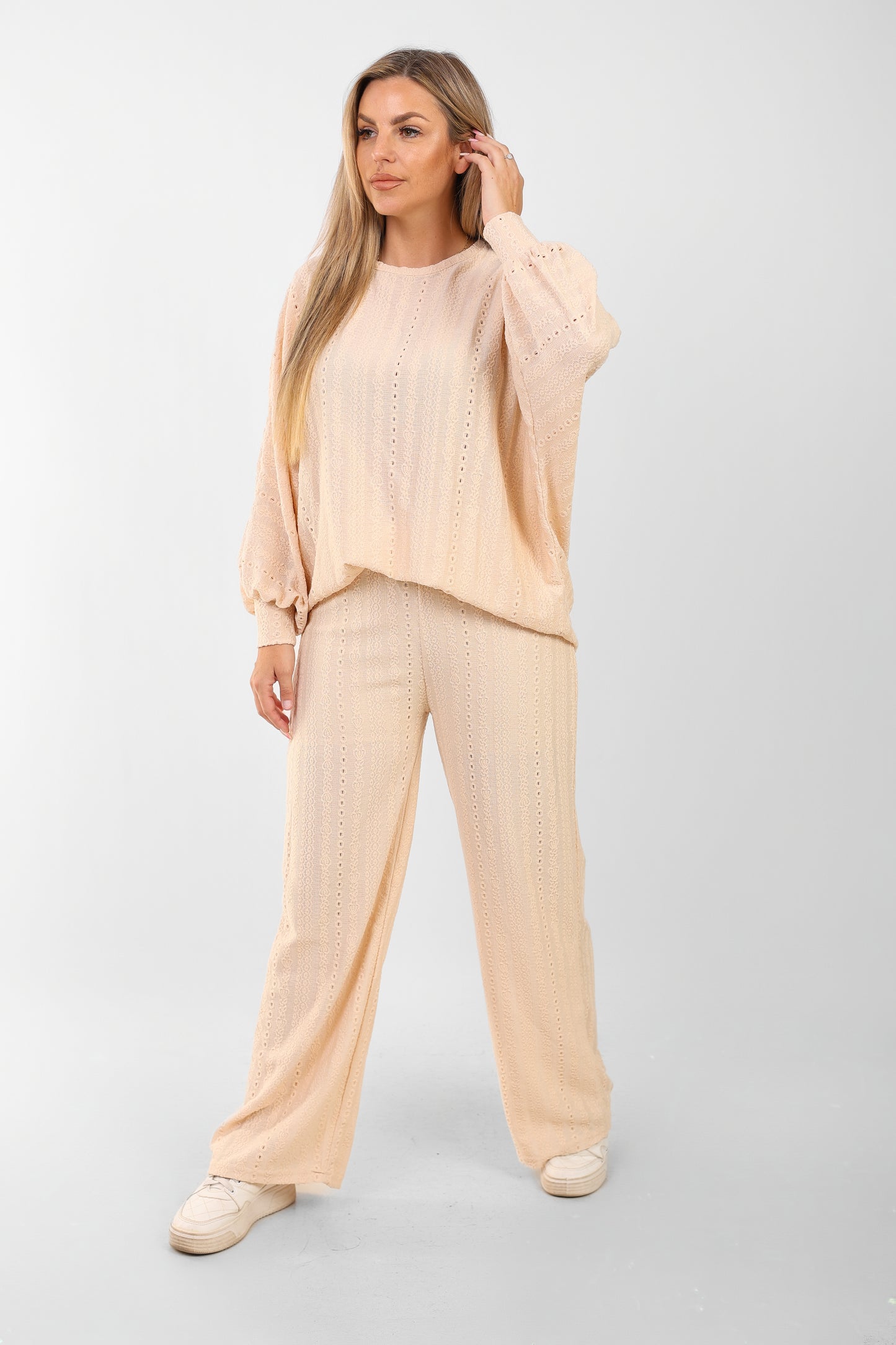 Women's Beige Two-Piece Loungewear Set – Loose Fit Top & Wide-Leg Pants