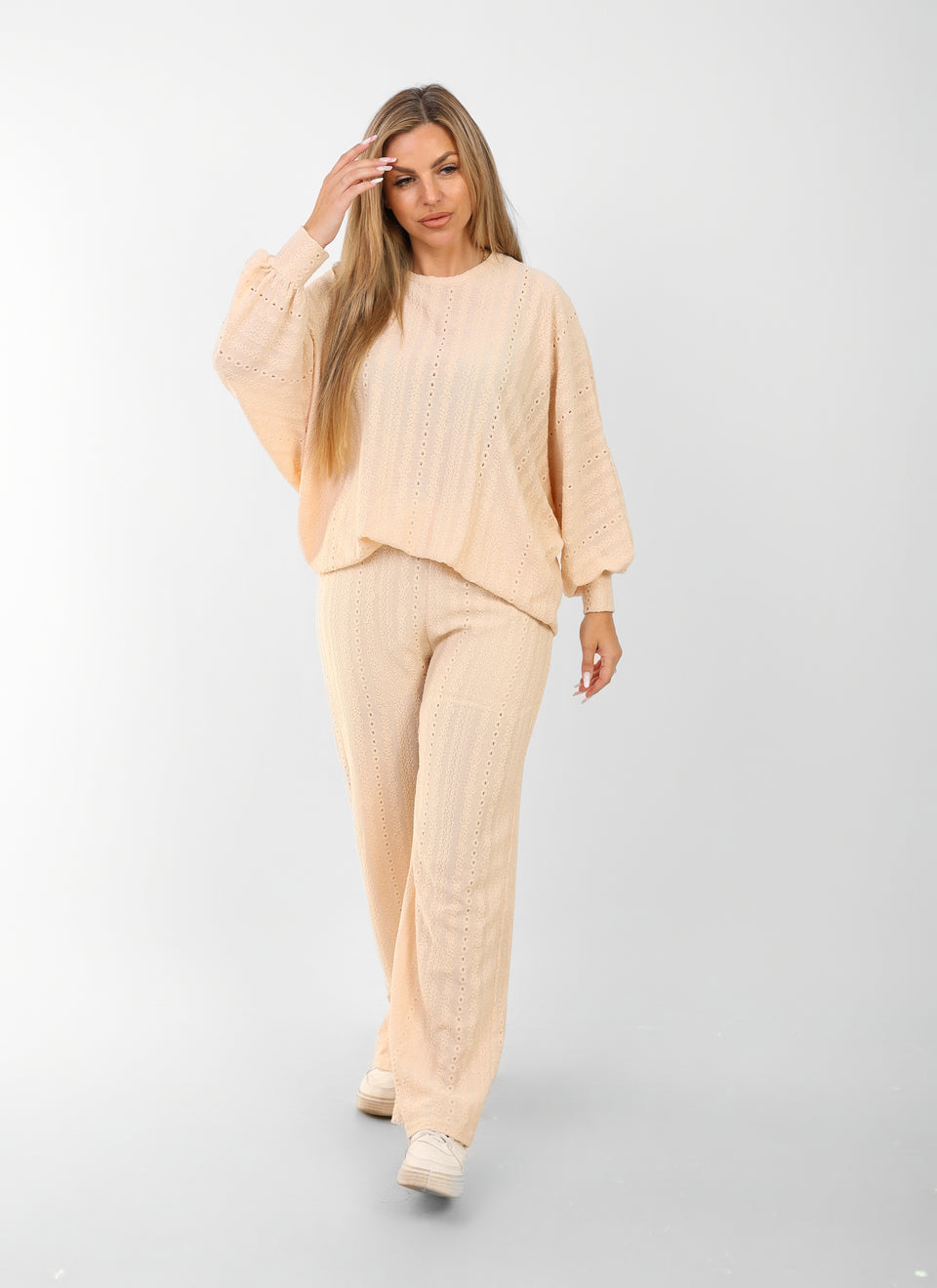 Women's Beige Two-Piece Loungewear Set – Loose Fit Top & Wide-Leg Pants