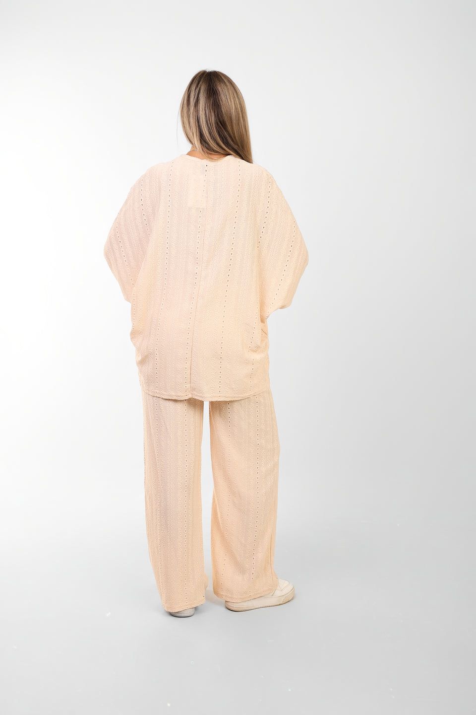 Women's Beige Two-Piece Loungewear Set – Loose Fit Top & Wide-Leg Pants