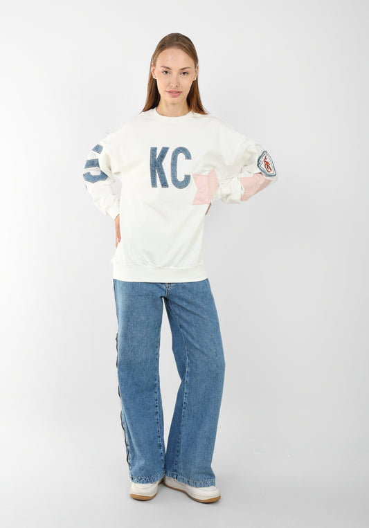 Graphic Sweatshirt with Sleeve Patches – Casual Oversized Fit