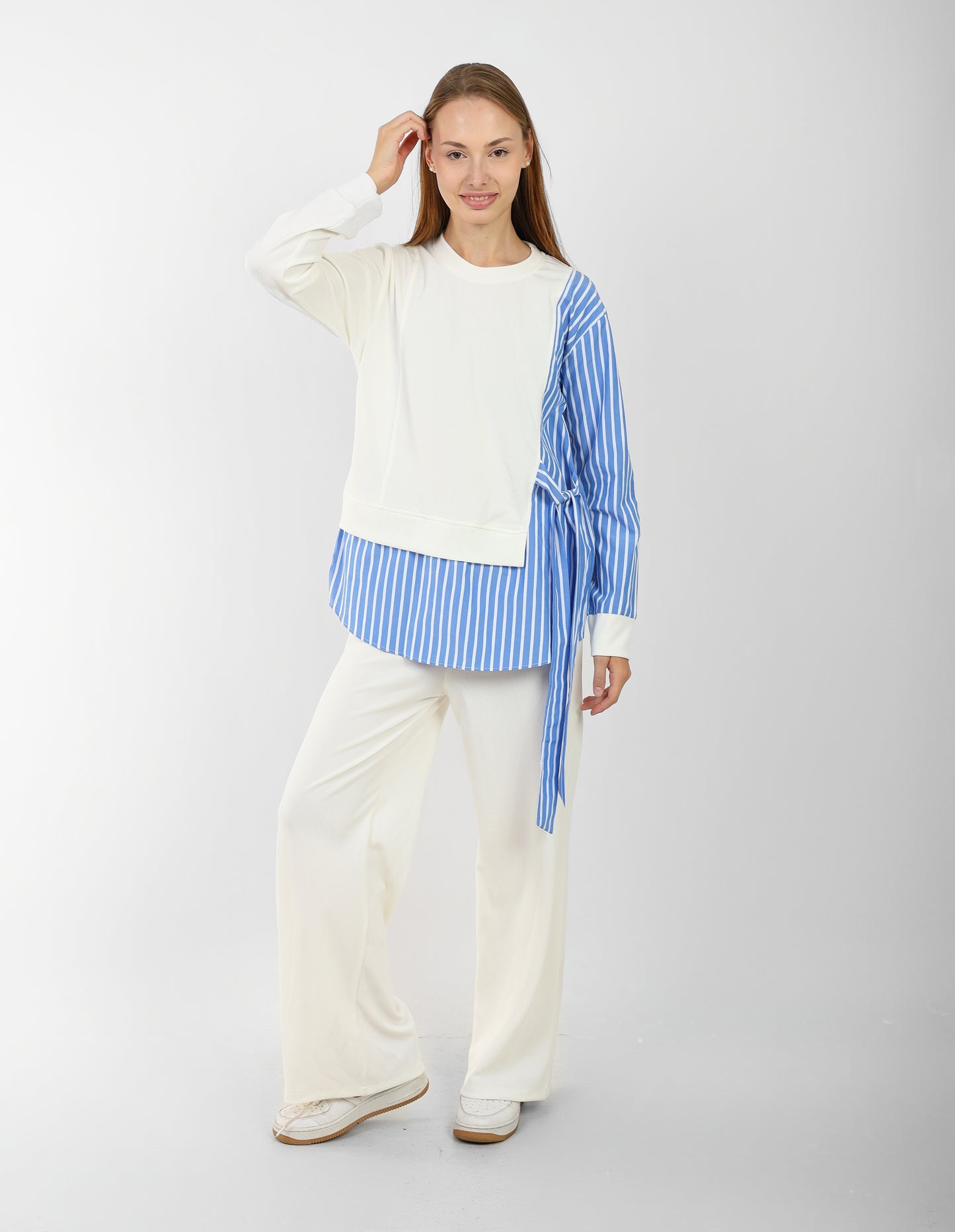 Women’s Two-Tone Asymmetric Striped Blouse with Wide-Leg Pants – Casual Chic Outfit Set