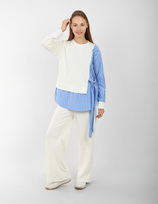 Women’s Two-Tone Asymmetric Striped Blouse with Wide-Leg Pants – Casual Chic Outfit Set