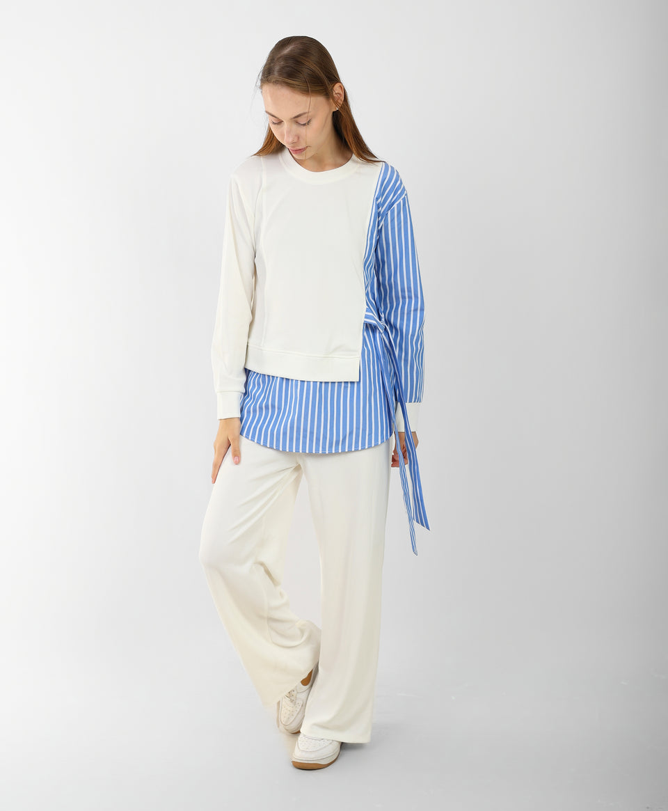 Women’s Two-Tone Asymmetric Striped Blouse with Wide-Leg Pants – Casual Chic Outfit Set