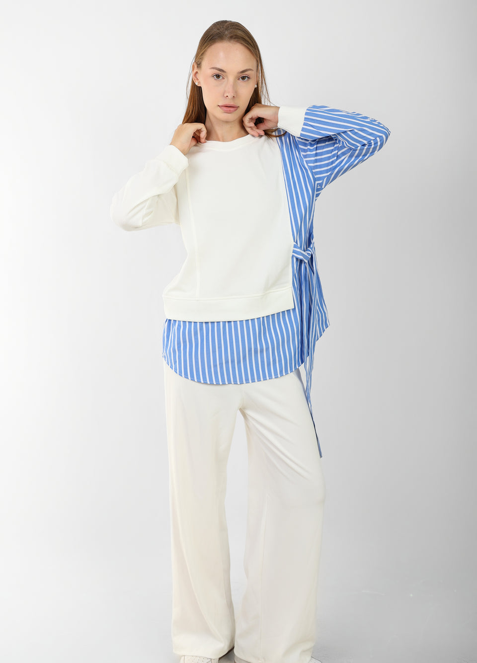 Women’s Two-Tone Asymmetric Striped Blouse with Wide-Leg Pants – Casual Chic Outfit Set