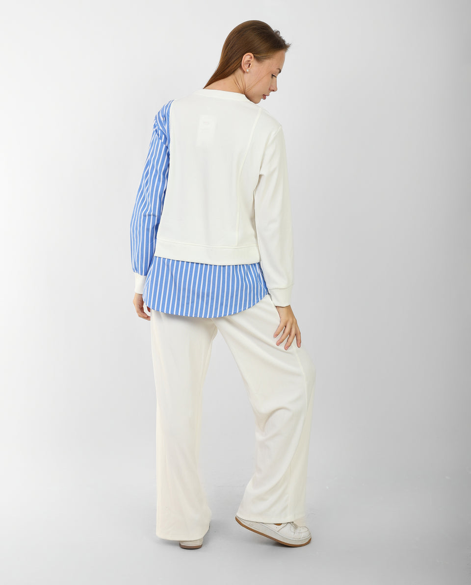 Women’s Two-Tone Asymmetric Striped Blouse with Wide-Leg Pants – Casual Chic Outfit Set