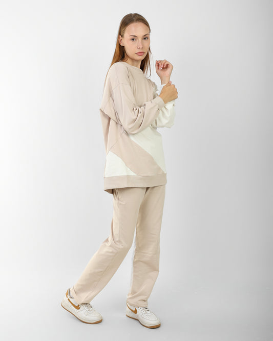 Women’s Beige & White Color Block Loungewear Set – Oversized Sweatshirt & Relaxed Pants