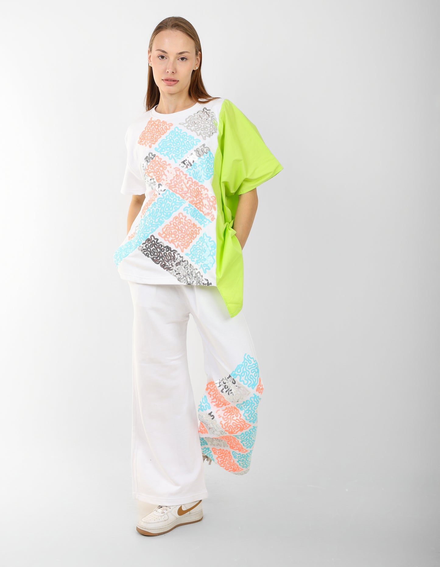 Women's Oversized Patchwork Coord Set – Black with Neon & Pastel Geometric Print