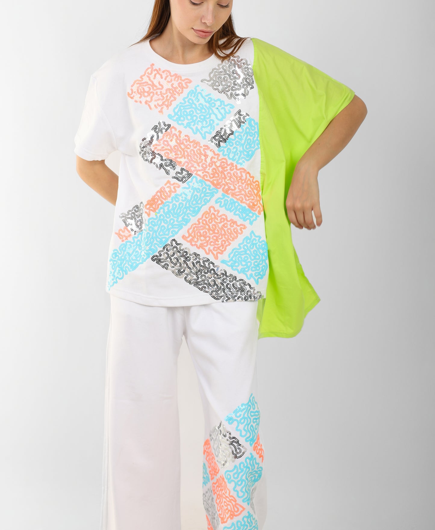 Women's Oversized Patchwork Coord Set – Black with Neon & Pastel Geometric Print
