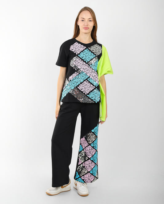 Women's Oversized Patchwork Coord Set – Black with Neon & Pastel Geometric Print