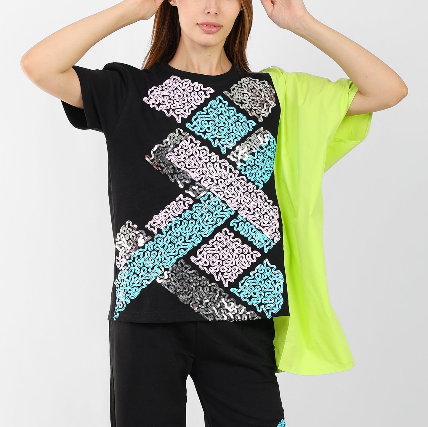 Women's Oversized Patchwork Coord Set – Black with Neon & Pastel Geometric Print