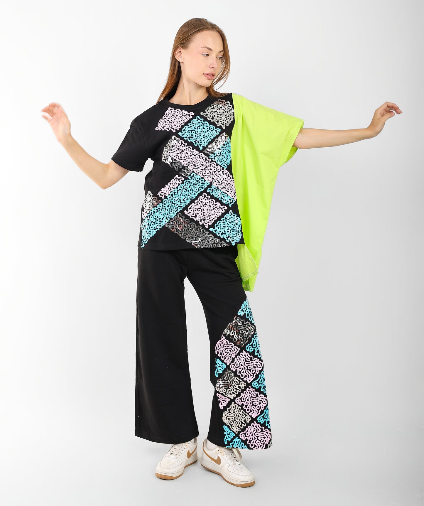 Women's Oversized Patchwork Coord Set – Black with Neon & Pastel Geometric Print