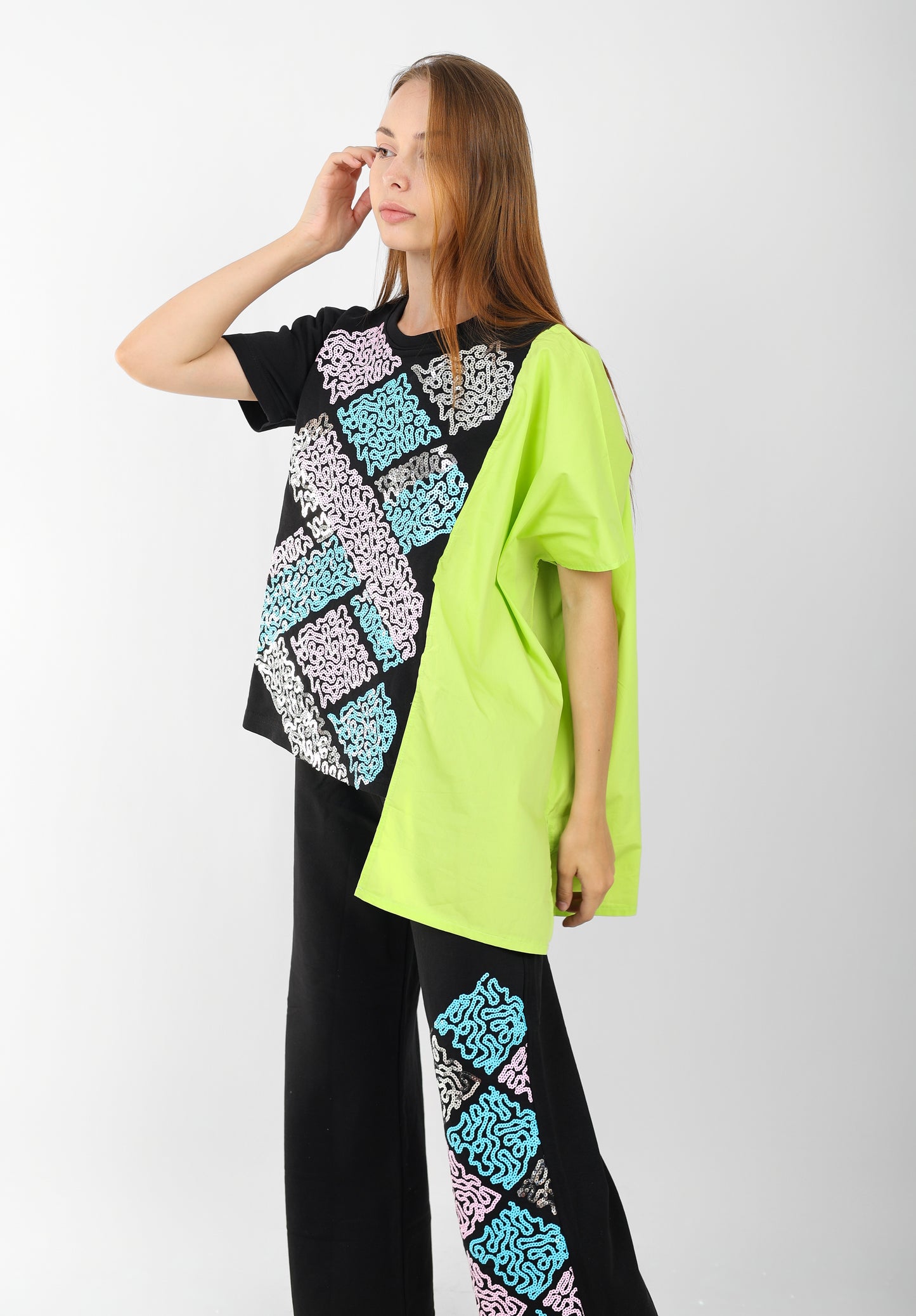 Women's Oversized Patchwork Coord Set – Black with Neon & Pastel Geometric Print