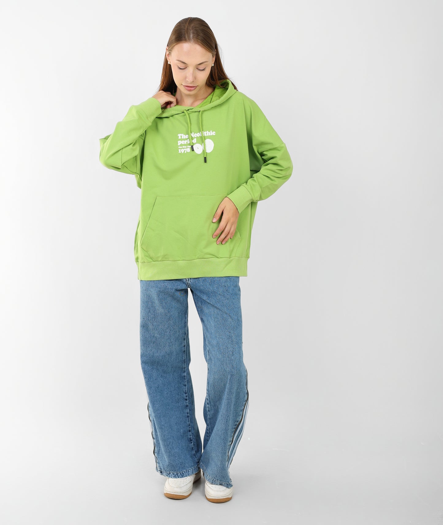 Oversized Lime Green Hoodie for Women – Graphic Print, Long Sleeve, Casual Streetwear