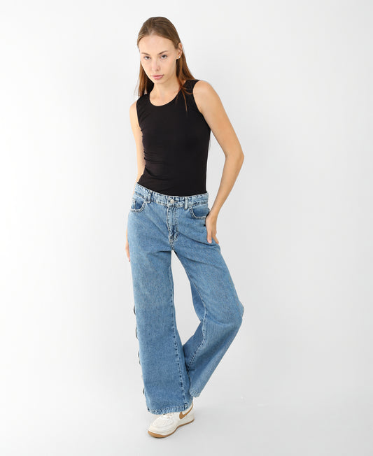 Women's High-Waisted Wide-Leg Jeans with Side Zipper Detail – Vintage Blue Denim